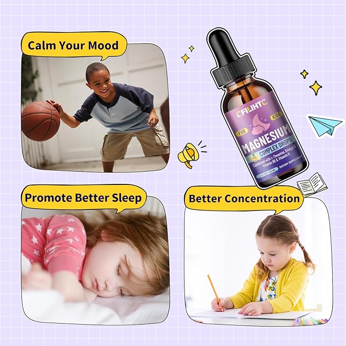 Kids Magnesium Liquid Drops-Magnesium Glycinate Liquid for Kids Supplement-w/L-theanine, Omega-3, Vitamin B6, D3 - for Sleep, Relaxation, Brain, Bones - Pineapple Flavor, 4 Fl Oz