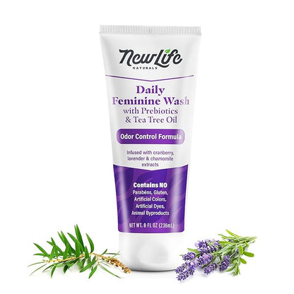 NewLife Naturals Daily Feminine Wash for pH Balance and Odor Control for Feminine Hygiene Intimate Wash for Women - With Prebiotics and Tea Tree Oil - Paraben Free - USA 8oz