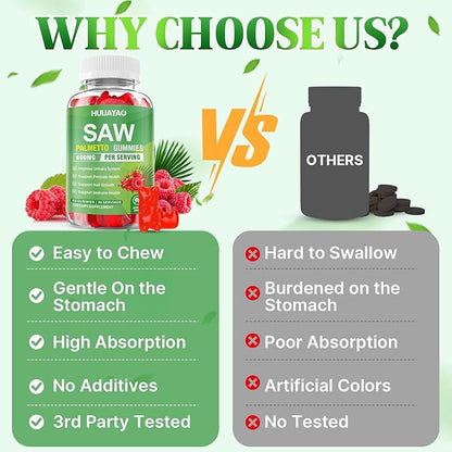 Saw Palmetto Gummies 600mg Saw Palmetto Supplement with Pumpkin Seed Oil, Biotin, Prostate Health Supplements for Men, Advanced DHT Blocker, Hair & Urinary Health Support, Raspberry Flavor, 120 Counts
