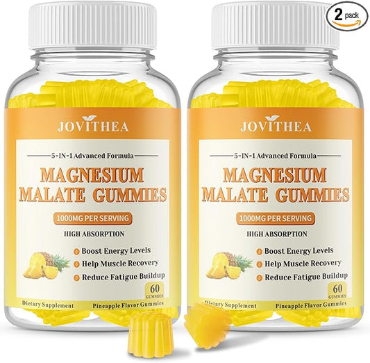 2 Pack Magnesium Malate Gummies 1000mg, High Absorption Magnesium Supplements for Adults & Kids, with L-Theanine, CoQ10 & Vitamin B6, Support Energy Production, Muscle Function, Non-GMO, Vegan, 120Ct