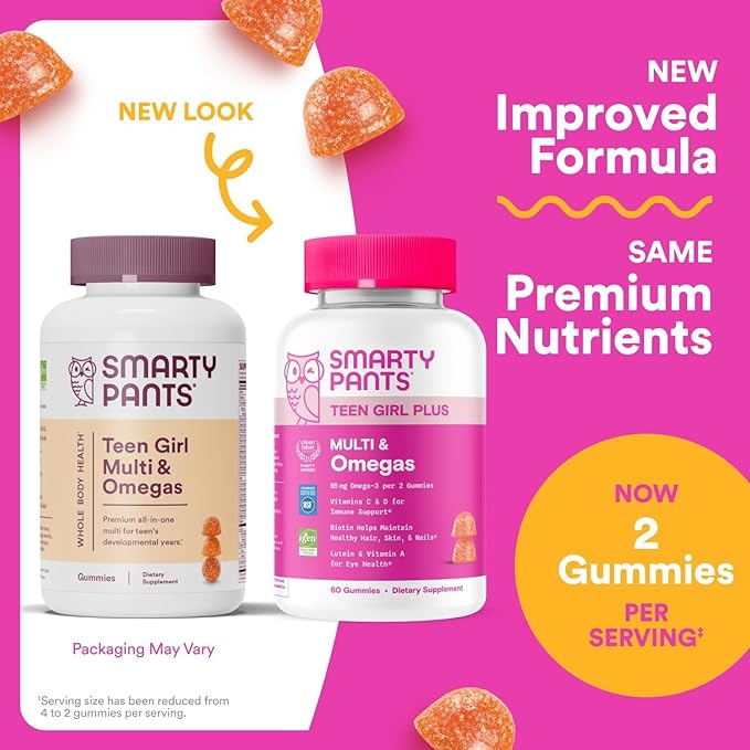 SmartyPants Teen Girl Multivitamin Gummies, Omega 3 (DHA/EPA), Vitamin C, D3, B12, Vitamin A, K & Zinc, Biotin to Support Hair, Skin & Nails, Gluten Free, 60 Count (30 Day Supply)