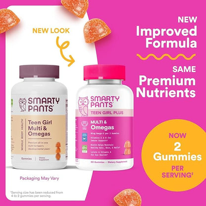 SmartyPants Teen Girl Multivitamin Gummies, Omega 3 (DHA/EPA), Vitamin C, D3, B12, Vitamin A, K & Zinc, Biotin to Support Hair, Skin & Nails, Gluten Free, 60 Count (30 Day Supply)