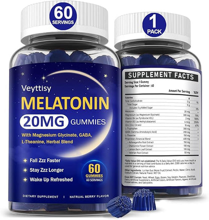 Melatonin 20mg Gummies for Adults - Max Strength Melatonin Gummy Supplement with Magnesium Glycinate, B6, B12, L-Theanine, GABA, & Herbs - Non-Habit Forming, Vegan, Natural Mixed Berry Flavor