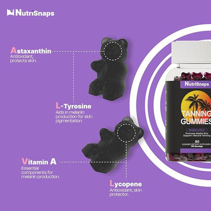 Tanning Gummies, Tanning Supplement for Adults Woman & Men, Daily Tanning Gummies for Skin Health & Pigmentation, Non-GMO, Vegan, Blueberry Flavor, 60 Gummies