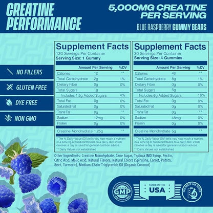Creatine Monohydrate Gummies 5g with Prebiotic Fiber for Muscle Growth & Strength, 30 Servings, Blue Raspberry - Lab Tested - 5000mg Premium All Natural