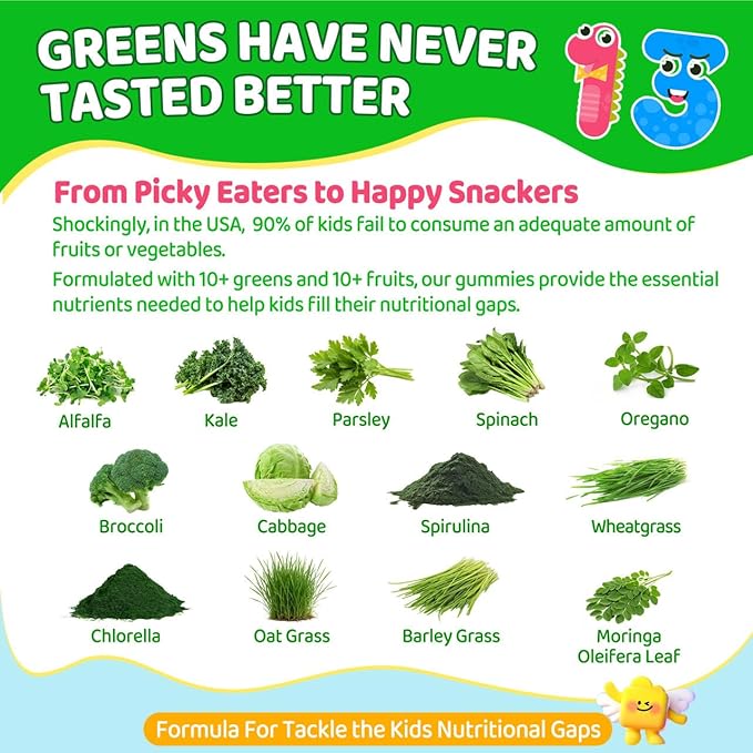 Kids Super Greens Gummies, w/Multivitamins, 20+ Veggie Fruit, Prebiotics, Calcium, Omega-3 (DHA/EPA), Kids Vitamins Greens Superfood Gummies for Picky Eaters Growth, Energy, Immune, Digestion, 2 Pack