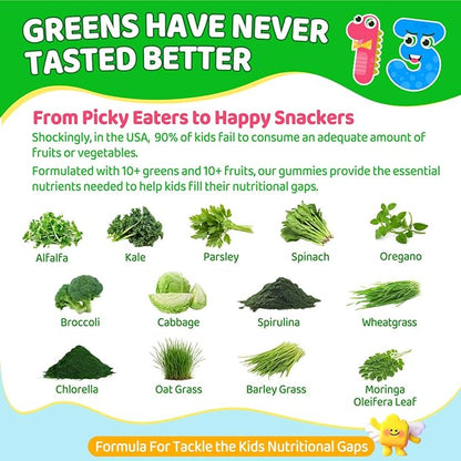 Kids Super Greens Gummies, w/Multivitamins, 20+ Veggie Fruit, Prebiotics, Calcium, Omega-3 (DHA/EPA), Kids Vitamins Greens Superfood Gummies for Picky Eaters Growth, Energy, Immune, Digestion, 2 Pack