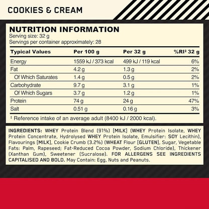 Optimum Nutrition Gold Standard 100% Whey Protein Powder, Cookies & Cream, 2 Pound (Packaging May Vary)