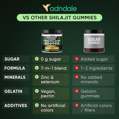 Adndale Himalayan Natural Shilajit Gummies for Men & Women, Sugar-Free Mixed Berries Flavor - with Ashwagandha, Sea Moss, Lion’s Mane & Saffron + Zinc & Selenium - 90 Gummies (45 Servings)