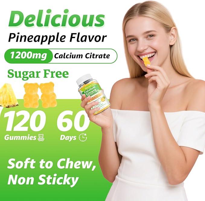 Calcium Citrate Gummies - Chewable Calcium Gummies for Bone, Muscle, Teeth, Immune Support, High Absorption Calcium Supplements for Women & Men Sugar Free Pineapple Flavor 120 Count