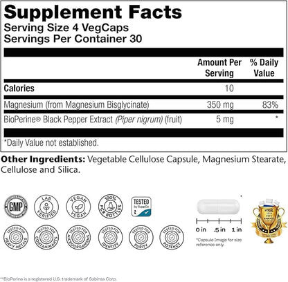 SOLARAY Magnesium Glycinate Capsules, Chelated Magnesium Bisglycinate w/BioPerine, Higher Absorption Magnesium Supplement - Bones, Muscles, Heart Support, Vegan (30 Servings, 120 VegCaps)