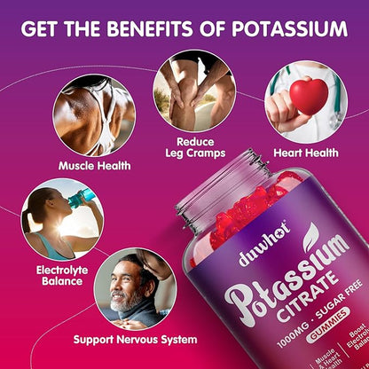 duwhot Potassium Citrate 1000mg Gummies, Potassium Supplement for Adults Women & Men, Support Leg Cramps & Muscle Health, 120 Chewables