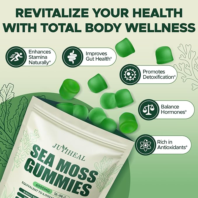 16 in 1 Sea Moss Gummies with Ashwagandha Black Seed Oil Bladder Wrack Turmeric Vitamin C & D3 with Manuka Burdock Root, Irish Sea Moss Gummies for Women & Men, Vegan Green Apple