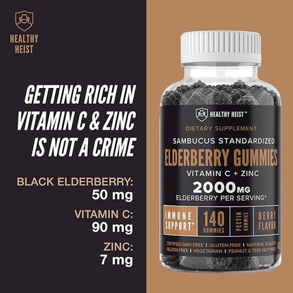 Sambucus Black Elderberry Gummies with Zinc and Vitamin C by Healthy Heist, 140 Gummies, Chewable Immune Support for Adults and Kids, Non GMO, Kosher, Pectin, Vegan, Delicious Berry Flavor