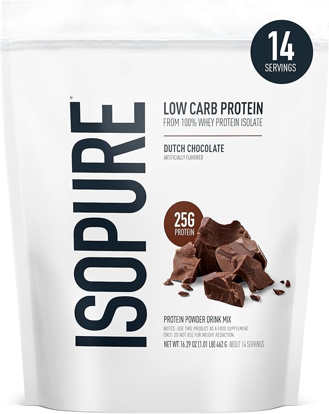 Isopure Low Carb 100% Pure Whey Isolate Protein Powder, Gluten Free, With Vitamins, Dutch Chocolate, 25g Protein Per Serving, 1 Lb, 14 Servings (Packaging May Vary)