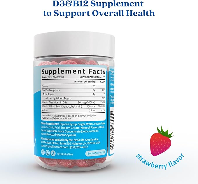 BeLive Vitamin D3 Gummies with B12 Vitamins - Immune Support Gummies with Vegan Vitamin B12 & D3, Provides Enhanced Bone & Muscle Strength, Hearth Health and Energy - Strawberry Flavor | 2-Pack
