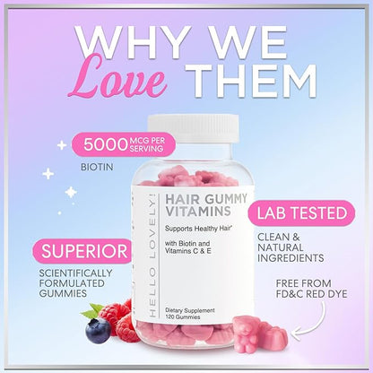 Hair Vitamins Gummies for Hair Growth - Best Multivitamin Supplement for Hair, Skin & Nails with 5000 mcg Biotin per Serving - Supports Thicker, Stronger Hair Women & Men - Berry Flavor - 120 Gummies