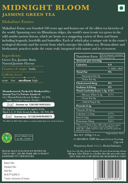 Luxmi Estates Midnight Bloom Jasmine Darjeeling Green Tea | 50 Biodegradable Teabags (50 cups)