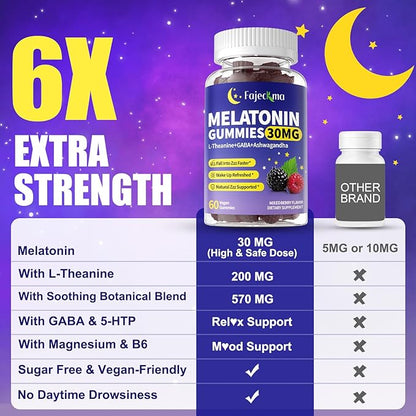 30mg Melatonin Gummies Supplement: Extra Strength Plus Magnesium Ashwagandha L-Theanine Chamomile Valerian GABA Vitamins B6 B12 D3 for Natural Zzz - Sugar Free for Nighttime Adults(120Count)