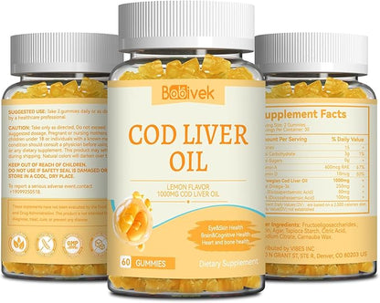 Cod Liver Oil Gummies 1000mg, for Adults & Kids with Omega-3 Vitamin A & D3, Fish Oil Supplement, Supports Eye Health, Brain Function & Bone Health, Sugar-Free, Non-GMO, Gluten-Free 120 Count