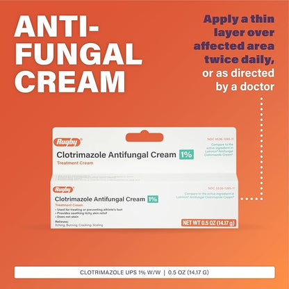 Rugby Clotrimazole Antifungal Cream 1% - Treatment Cream - Helps Provide Soothing Itchy Skin Relief - 0.5 Oz. (2 Pack)
