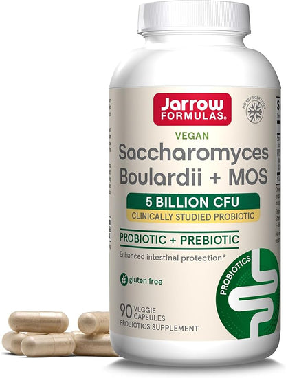 Jarrow Formulas Saccharomyces Boulardii + MOS Probiotics for Digestive Health and Intestinal Tract Support - 5 Billion CFU Per Serving - 90 Delayed Release Caps - Probiotic + Prebiotic - 90 Servings