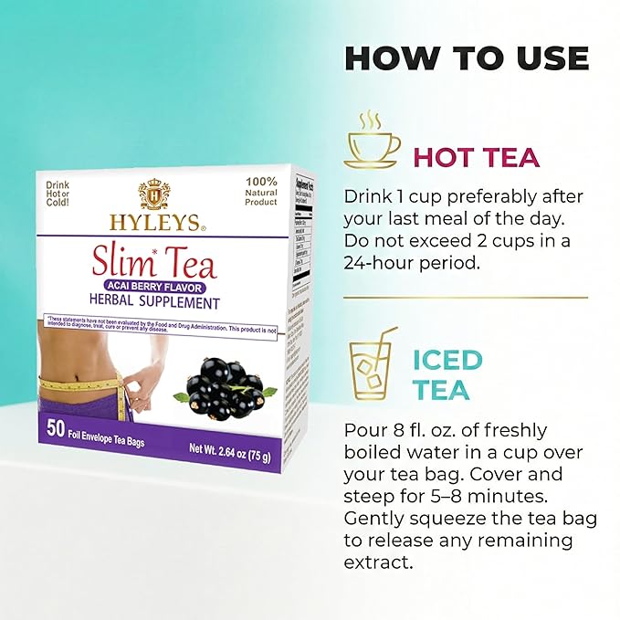 Hyleys Slim Tea Weight Loss Herbal Supplement with Acai Berry - Cleanse and Detox - 50 Tea Bags (1 Pack)