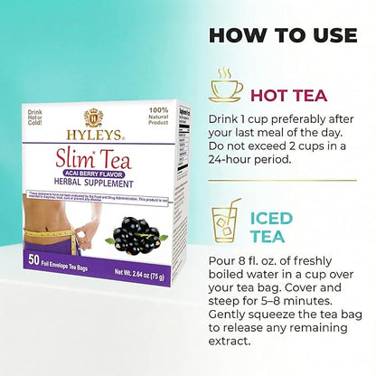 Hyleys Slim Tea Weight Loss Herbal Supplement with Acai Berry - Cleanse and Detox - 50 Tea Bags (1 Pack)