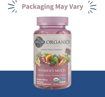 Garden of Life Organics Women's Gummy Vitamins - Berry - Certified Organic, Non-GMO, Vegan, Kosher Complete Multi - Methyl B12, C & D3 - Gluten, Soy & Dairy Free, 120 Real Fruit Gummies