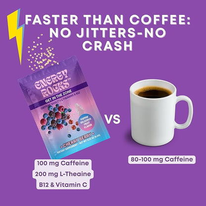 Caffeine Candy – Popping Energy Candy Crystals,100mg Caffeine L-Theanine & B12, – Fast Energy, No Drink Needed – Coffee Alternative 15-Pack (Cherry Berry)