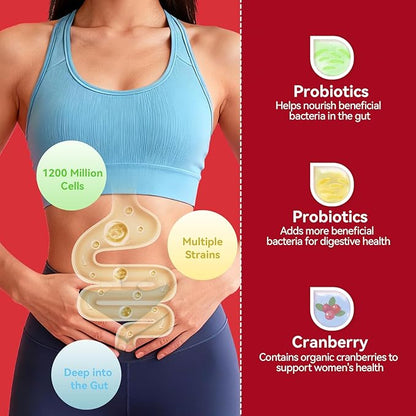 Probiotic for Women Gummies,Feminine Balance Gummies, -1200 Billion Compound, Digestive & Immune Support, Supports Vaginal Health Prebiotics, Natural Cranberry Flavor, Vegan, 60 Gummies