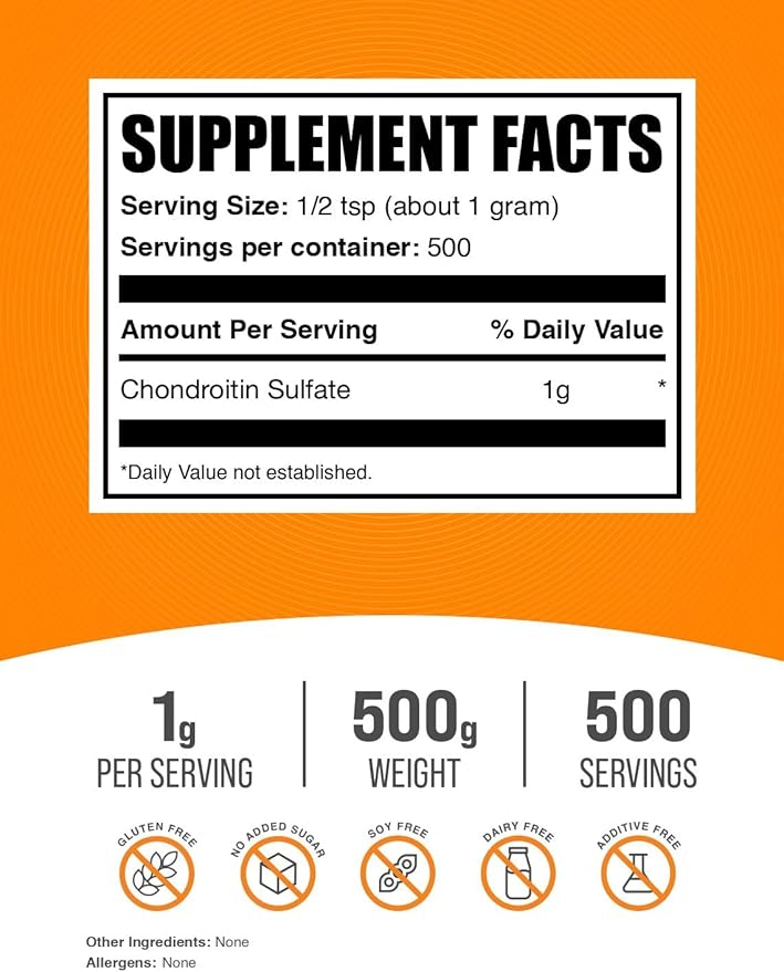 BulkSupplements.com Chondroitin Sulfate Powder - Chondroitin Sulfate Supplement, for Joint Support - Gluten Free, 1g per Serving, 500g (1.1 lbs) (Pack of 1)