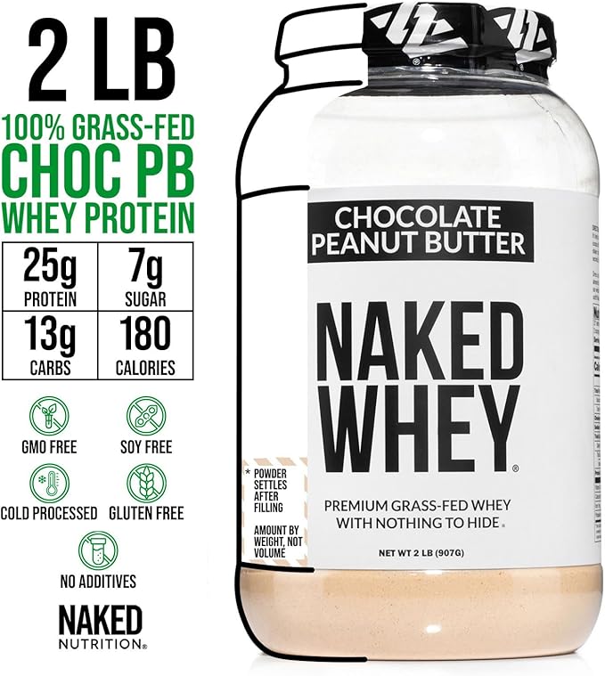NAKED Whey Chocolate Peanut Butter Protein Powder, Grass Fed Whey, No GMO, No Soy, and Gluten Free. Nothing Artificial, Aid Growth and Recovery - 21 Servings