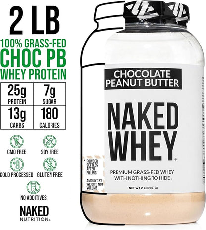 NAKED Whey Chocolate Peanut Butter Protein Powder, Grass Fed Whey, No GMO, No Soy, and Gluten Free. Nothing Artificial, Aid Growth and Recovery - 21 Servings