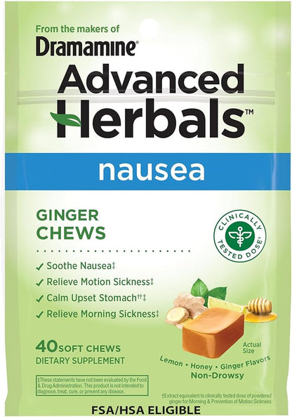 from The Makers of Dramamine, Advanced Herbals Ginger Chews for Nausea Relief, Morning Sickness Relief & Motion Sickness Relief During Travel, Lemon-Honey, 40 Count