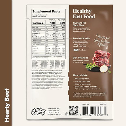 Keto Chow Hearty Beef - Keto Soup Base Powder - Nutritionally Complete - Low Carb - Protein Rich - You Choose The Fat - Single Meal