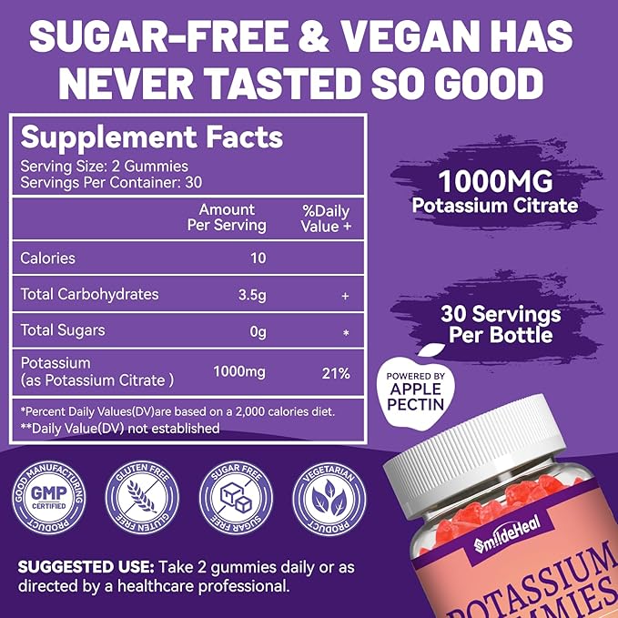 2 Pack Potassium Supplement Gummies 1000mg, Potassium Gummies for Adults, Support Leg Cramps & Muscle Health - Vegan,120 Count