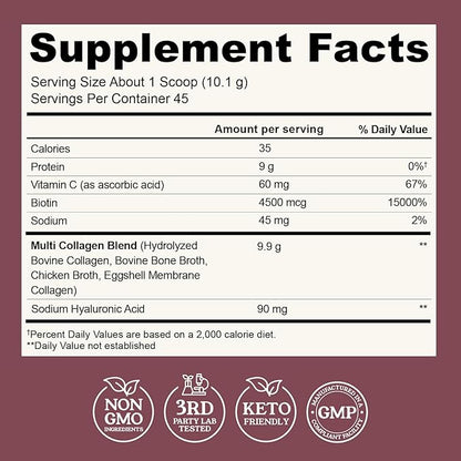 Multi Collagen Peptides Powder Types I, II, III, V, X Multi Collagen Protein Powder with Hyaluronic Acid, Biotin, Vitamin C, For Skin Hair Nails Joints and Gut Health - Keto, Non-GMO Supplement
