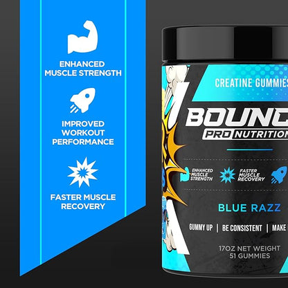 Bounce Pro Creatine Monohydrate Gummies for Men & Women, Low Calorie, 6G of Creatine per Serving, Vegan, Anti-Melting, Gluten-Free, Non-GMO, 2g of Creatine per Gummy (51ct, Blue Razz)