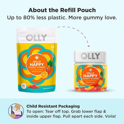OLLY Hello Happy Gummy Worms,Mood Balance Support,Vitamin D,Saffron,Adult Chewable Supplement,Gluten Free,Tropical Zing -,90 Count (Pack of 2)