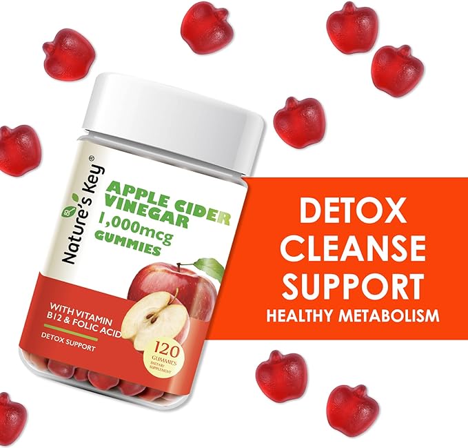Nature's Key Apple Cider Vinegar Gummies 120 Count ACV Gummy with Folic Vitamin B6 B12 Beetroot & Pomegranate - Vegan, Non-GMO & Gluten-Free