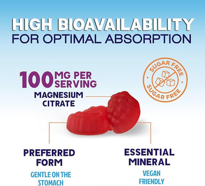 Magnesium Citrate Supplement Gummies Sugar-Free, High Absorption Magnesium Gummy Supplements for Women & Men, Supports Sleep, Heart Health, Bones and Muscles, for Relaxation & Digestion - 60 Gummies