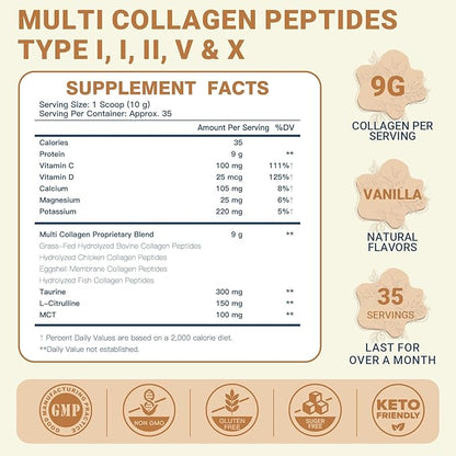 DRFOSTER Vanilla Collagen Peptides Powder for Women & Men, Multi Type I II III V X Collagen with multivitamins & Minerals for Skin, Hair & Nails & Joints, Non-GMO, 35 Servings