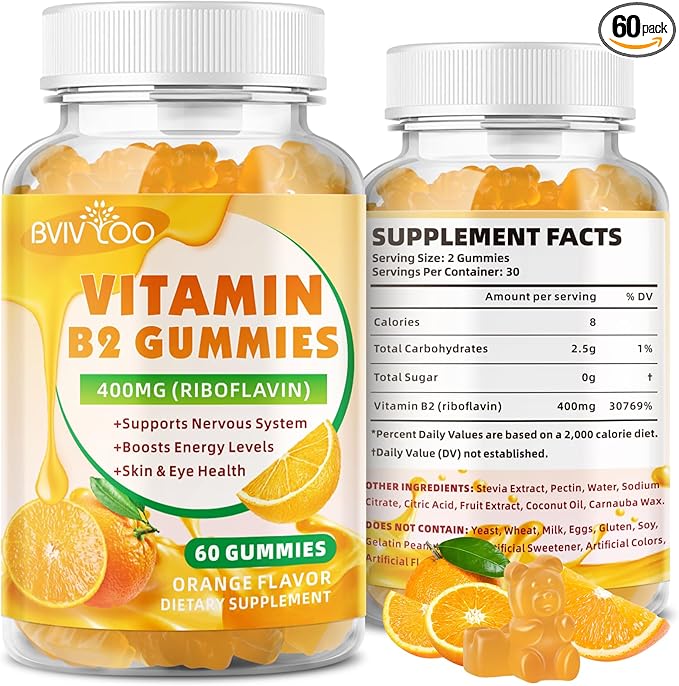 Vitamin B2 Gummies - Riboflavin 400mg for Kids & Adults, Migraine Relief & Headache Relief, Vegan, Sugar-Free, Orange Flavor, 60 Gummies