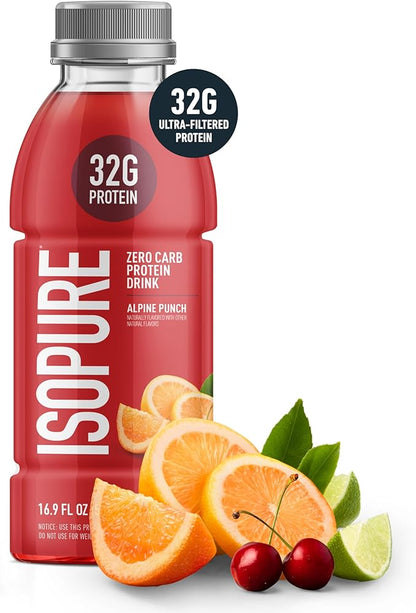 Isopure Zero Carb 32g Clear Protein Ready-to-Drink, Whey Protein Isolate, Alpine Punch, 12 Pack (Packaging May Vary)