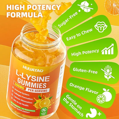 L-Lysine Gummies 500mg, Lysine Gummies Supplement for Immune Support & Skin Health, Collagen Formation Support, Vegan, Gluten Free Chewable Supplement for Adults & Kids, Orange Flavor, 120 Count