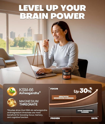 10-In-1 Mushroom Gummies with KSM-66 Ashwagandha & Magnesium Threonate Boosts Focus, Memory & Cognitive, 120 Ct Mushroom Supplement with Vitamin D3 & B12 for Immunity & Energy, Vegan, Blueberry Flavor