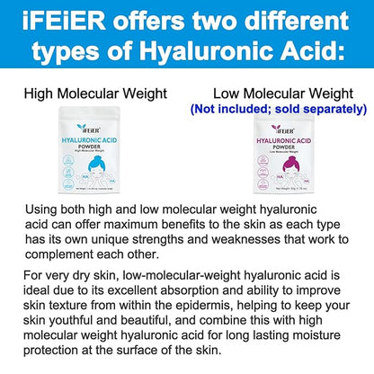 iFEiER Hyaluronic Acid Powder | High Molecular Weight Hyaluronic Acid Serum Powder | 1oz(28.3g) Cosmetics Grade | Sodium Hyaluronate | LMW HMW HA ingredient to make gel for DIY Serums