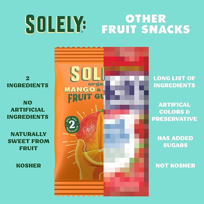 SOLELY - Organic Mango & Orange Whole Fruit Gummies (Pack of 1 Box, 5 Bags per Box) - Real Fresh Fruit - Healthy Snacks for Adults & Kids - Non GMO, Vegan Snacks, Shelf Stable - 5 Bags (3.5 oz)