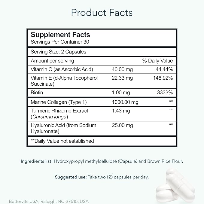 Bettervits Collagen Peptides Complex with Hyaluronic Acid & Turmeric | Hydrolyzed Marine Collagen Supplements for Women & Men | Collagen with Vitamin C for Skin, Hair, Nails & Joints – 60 Capsules